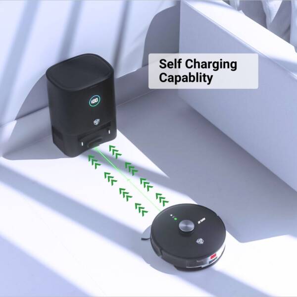 An image demonstrating the self-charging capabilities of a robotic vacuum cleaner, where the vacuum automatically returns to its charging dock for recharging when the battery is low.