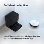 An image illustrating the self-dust collection feature of a vacuum cleaner, with a quick 10-second dust collection and a large 3.5L dust bag for extended use.