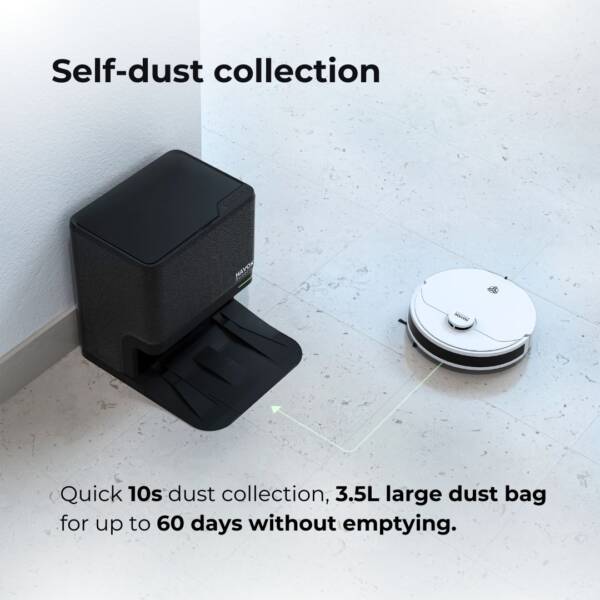 An image illustrating the self-dust collection feature of a vacuum cleaner, with a quick 10-second dust collection and a large 3.5L dust bag for extended use.