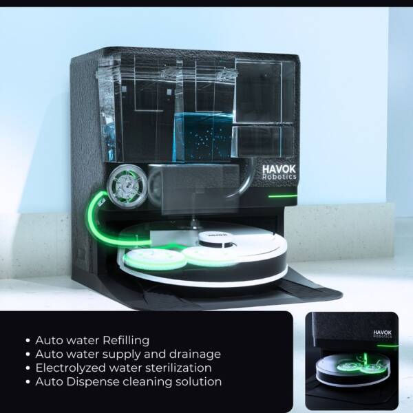 An image showing the features of an automated cleaning system, including auto water refilling, auto water supply and drainage, electrolyzed water sterilizer, and auto dispense cleaning solution.